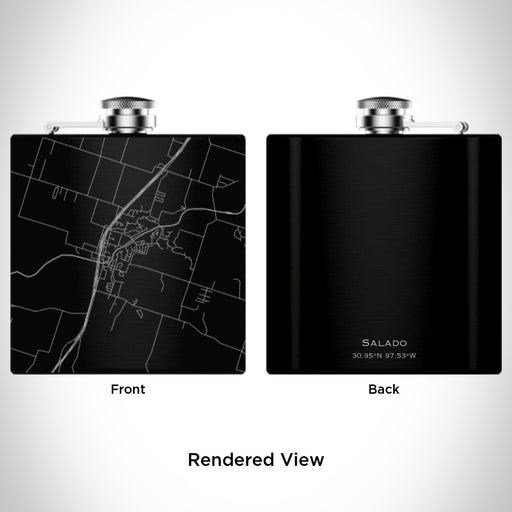 Rendered View of Salado Texas Map Engraving on 6oz Stainless Steel Flask in Black