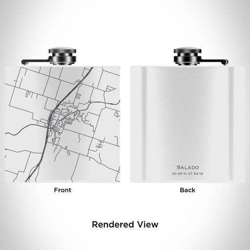 Rendered View of Salado Texas Map Engraving on 6oz Stainless Steel Flask in White