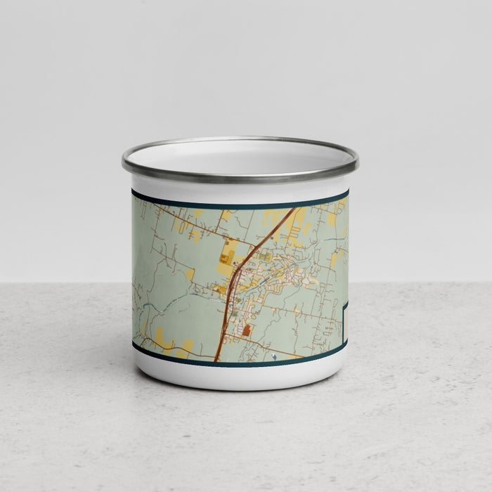 Front View Custom Salado Texas Map Enamel Mug in Woodblock