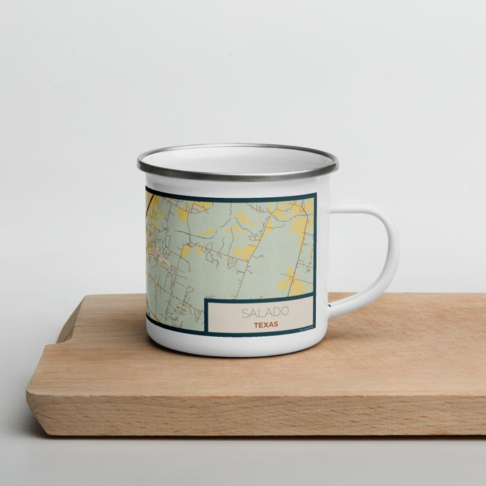 Right View Custom Salado Texas Map Enamel Mug in Woodblock