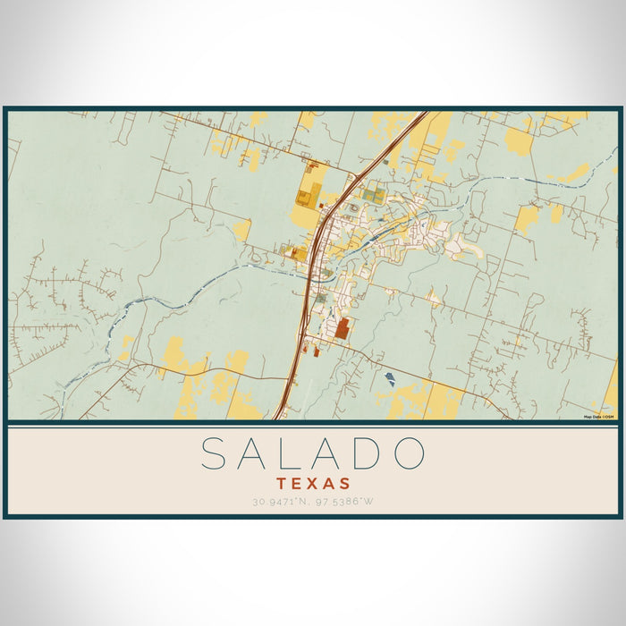 Salado Texas Map Print Landscape Orientation in Woodblock Style With Shaded Background