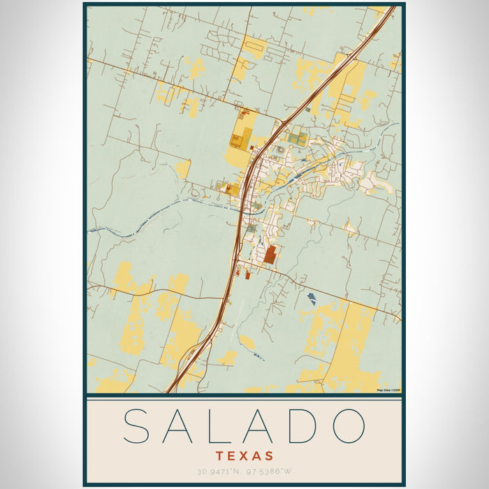Salado Texas Map Print Portrait Orientation in Woodblock Style With Shaded Background