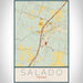 Salado Texas Map Print Portrait Orientation in Woodblock Style With Shaded Background
