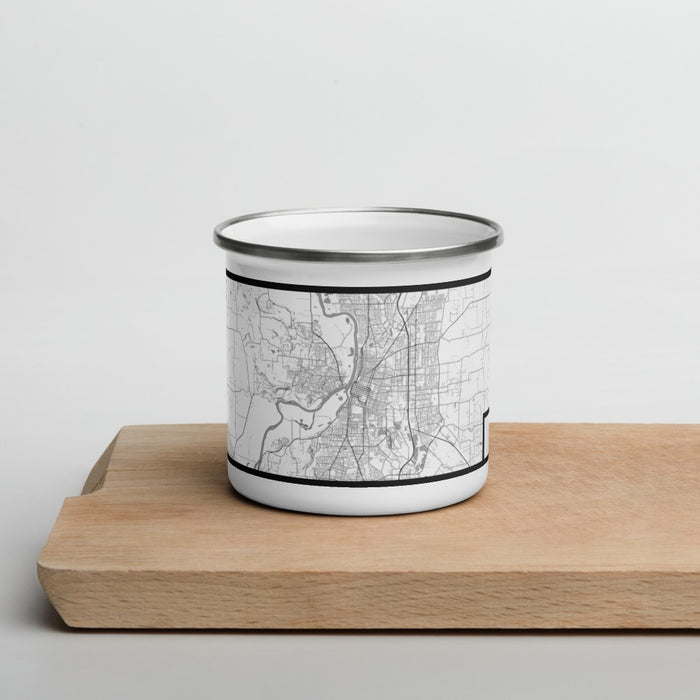 Front View Custom Salem Oregon Map Enamel Mug in Classic on Cutting Board