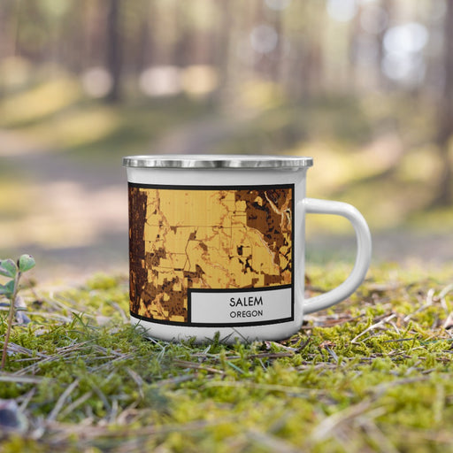 Right View Custom Salem Oregon Map Enamel Mug in Ember on Grass With Trees in Background