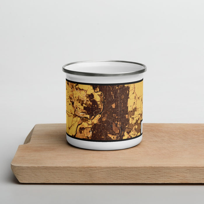 Front View Custom Salem Oregon Map Enamel Mug in Ember on Cutting Board