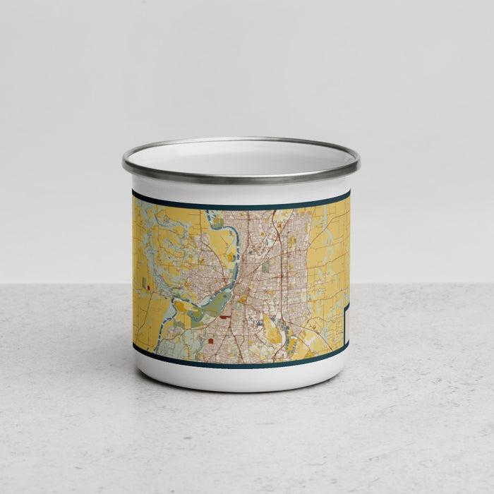Front View Custom Salem Oregon Map Enamel Mug in Woodblock