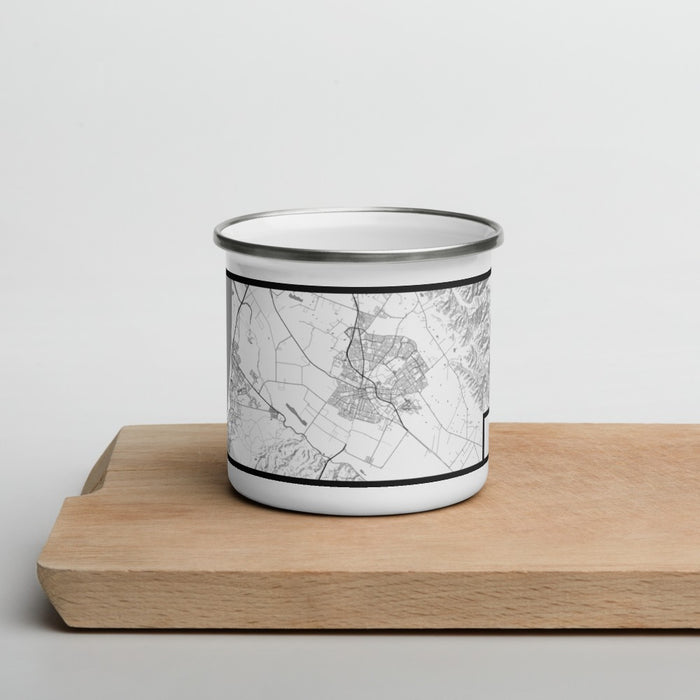 Front View Custom Salinas California Map Enamel Mug in Classic on Cutting Board