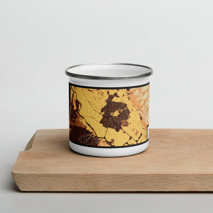 Front View Custom Salinas California Map Enamel Mug in Ember on Cutting Board