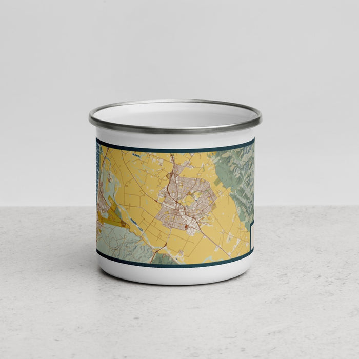 Front View Custom Salinas California Map Enamel Mug in Woodblock