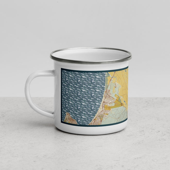 Left View Custom Salinas California Map Enamel Mug in Woodblock