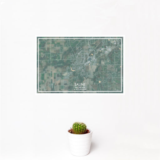 12x18 Saline Michigan Map Print Landscape Orientation in Afternoon Style With Small Cactus Plant in White Planter