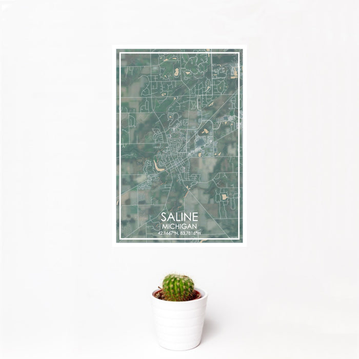 12x18 Saline Michigan Map Print Portrait Orientation in Afternoon Style With Small Cactus Plant in White Planter