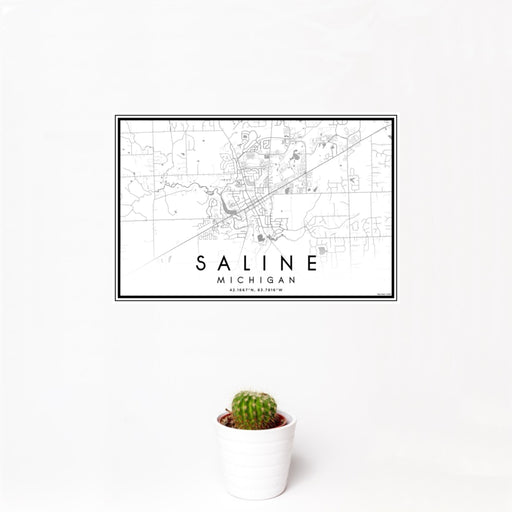 12x18 Saline Michigan Map Print Landscape Orientation in Classic Style With Small Cactus Plant in White Planter
