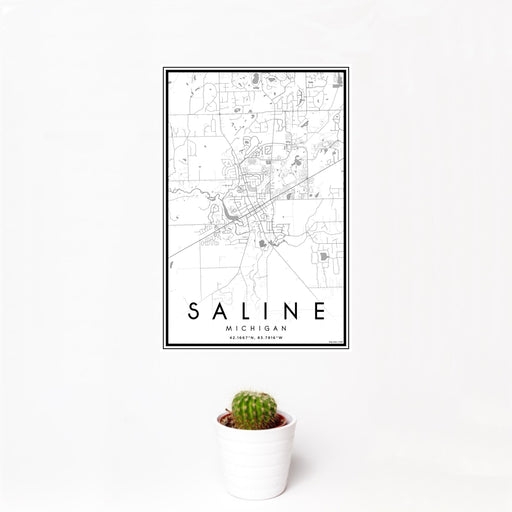 12x18 Saline Michigan Map Print Portrait Orientation in Classic Style With Small Cactus Plant in White Planter