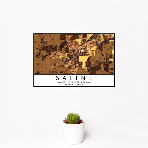 12x18 Saline Michigan Map Print Landscape Orientation in Ember Style With Small Cactus Plant in White Planter