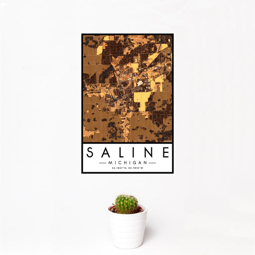 12x18 Saline Michigan Map Print Portrait Orientation in Ember Style With Small Cactus Plant in White Planter
