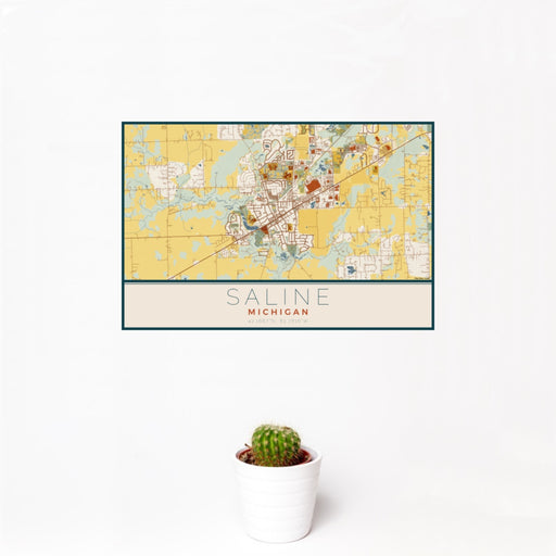 12x18 Saline Michigan Map Print Landscape Orientation in Woodblock Style With Small Cactus Plant in White Planter