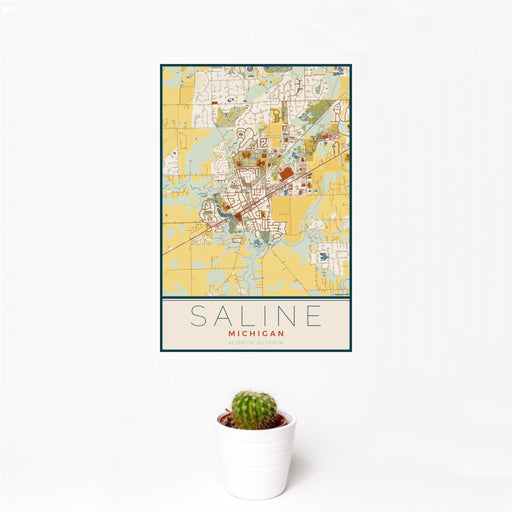 12x18 Saline Michigan Map Print Portrait Orientation in Woodblock Style With Small Cactus Plant in White Planter