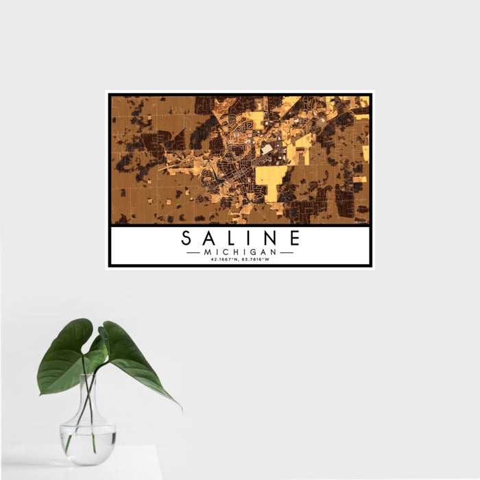 16x24 Saline Michigan Map Print Landscape Orientation in Ember Style With Tropical Plant Leaves in Water