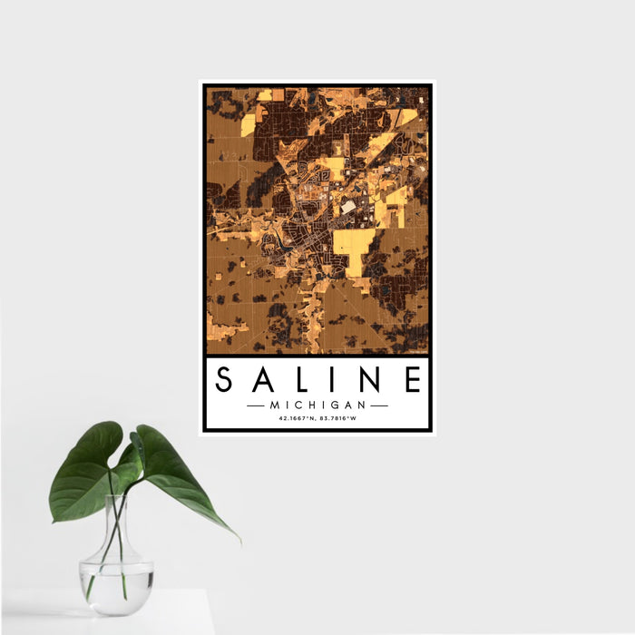 16x24 Saline Michigan Map Print Portrait Orientation in Ember Style With Tropical Plant Leaves in Water