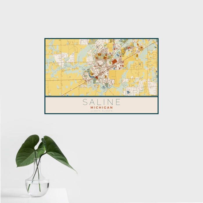 16x24 Saline Michigan Map Print Landscape Orientation in Woodblock Style With Tropical Plant Leaves in Water