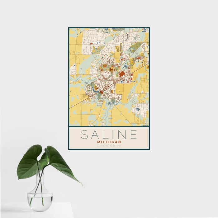 16x24 Saline Michigan Map Print Portrait Orientation in Woodblock Style With Tropical Plant Leaves in Water