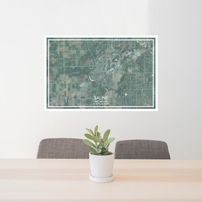24x36 Saline Michigan Map Print Lanscape Orientation in Afternoon Style Behind 2 Chairs Table and Potted Plant