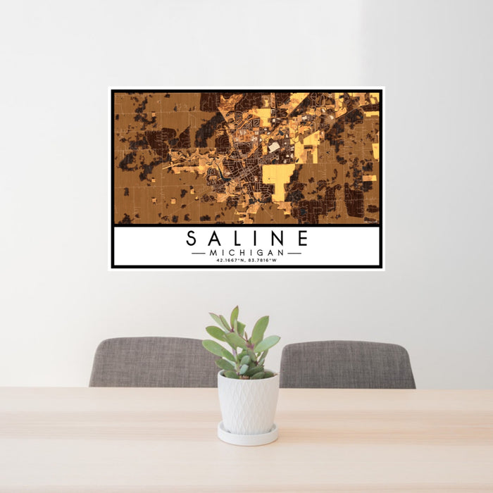 24x36 Saline Michigan Map Print Lanscape Orientation in Ember Style Behind 2 Chairs Table and Potted Plant