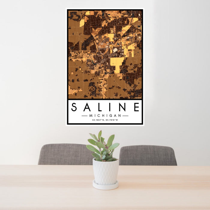 24x36 Saline Michigan Map Print Portrait Orientation in Ember Style Behind 2 Chairs Table and Potted Plant