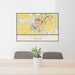 24x36 Saline Michigan Map Print Lanscape Orientation in Woodblock Style Behind 2 Chairs Table and Potted Plant