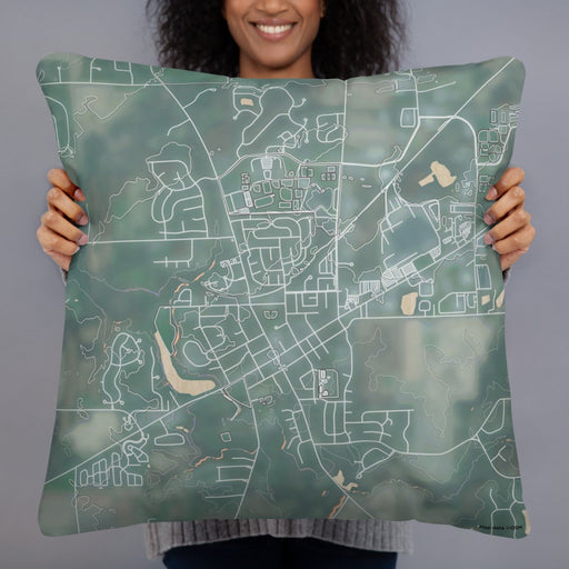 Person holding 22x22 Custom Saline Michigan Map Throw Pillow in Afternoon