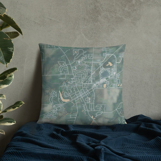 Custom Saline Michigan Map Throw Pillow in Afternoon on Bedding Against Wall