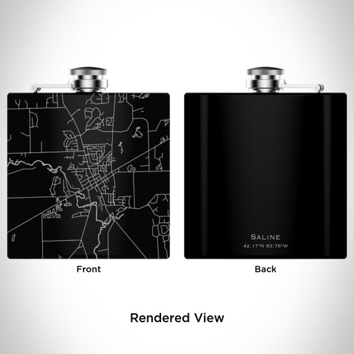 Rendered View of Saline Michigan Map Engraving on 6oz Stainless Steel Flask in Black