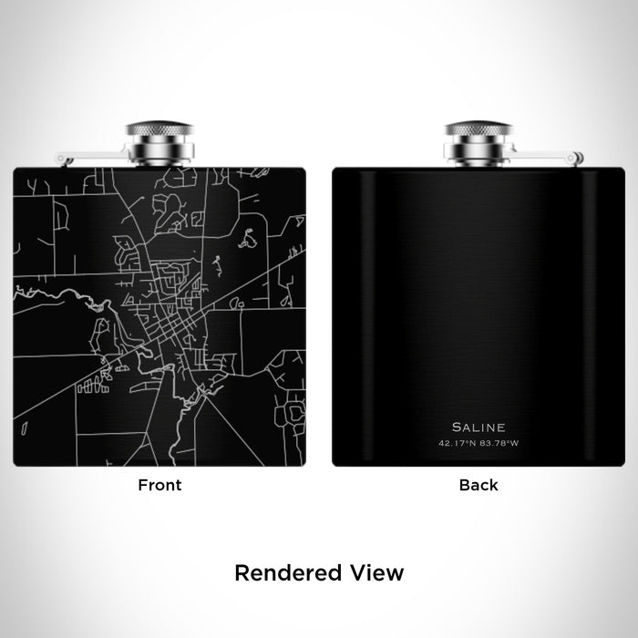 Rendered View of Saline Michigan Map Engraving on 6oz Stainless Steel Flask in Black
