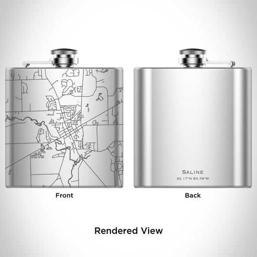 Rendered View of Saline Michigan Map Engraving on 6oz Stainless Steel Flask