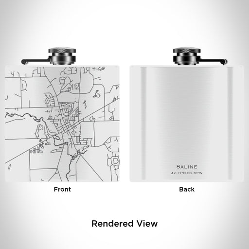 Rendered View of Saline Michigan Map Engraving on 6oz Stainless Steel Flask in White