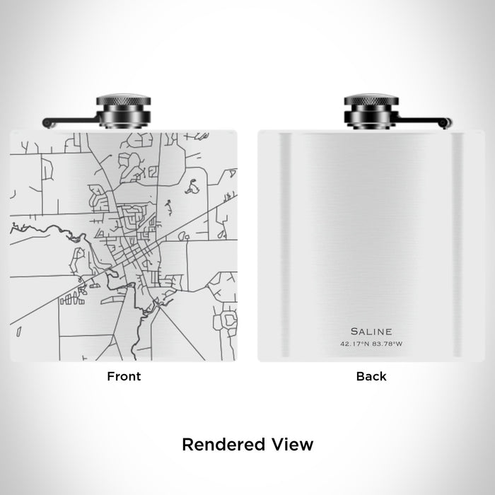 Rendered View of Saline Michigan Map Engraving on 6oz Stainless Steel Flask in White