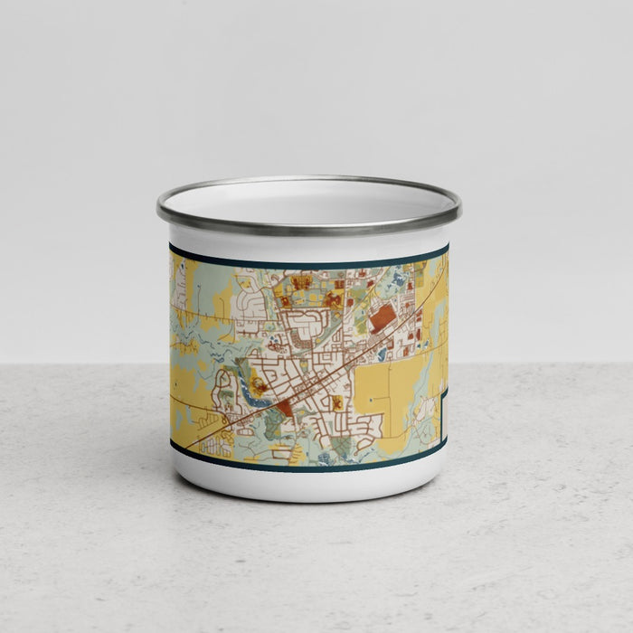 Front View Custom Saline Michigan Map Enamel Mug in Woodblock