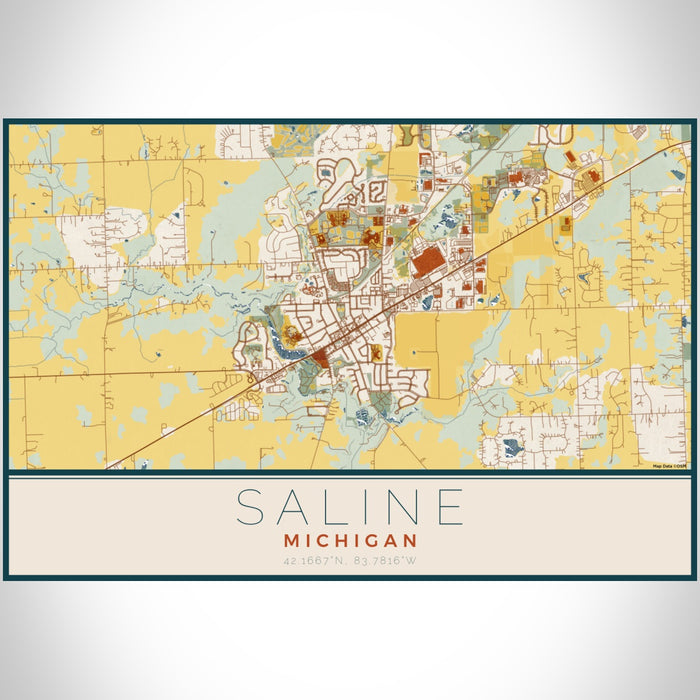 Saline Michigan Map Print Landscape Orientation in Woodblock Style With Shaded Background
