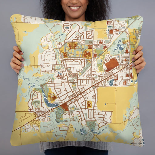 Person holding 22x22 Custom Saline Michigan Map Throw Pillow in Woodblock