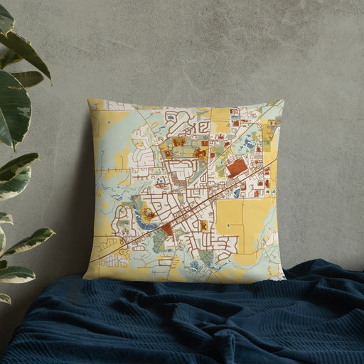 Custom Saline Michigan Map Throw Pillow in Woodblock on Bedding Against Wall