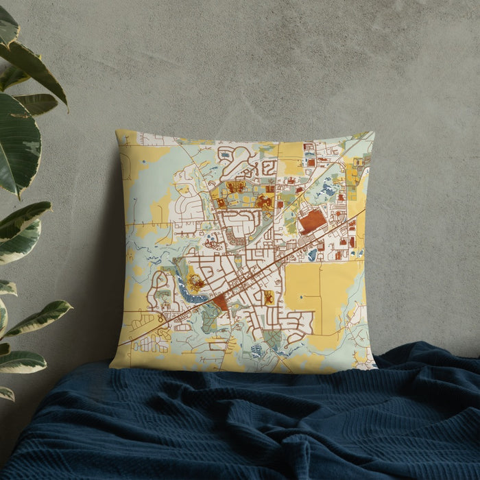 Custom Saline Michigan Map Throw Pillow in Woodblock on Bedding Against Wall
