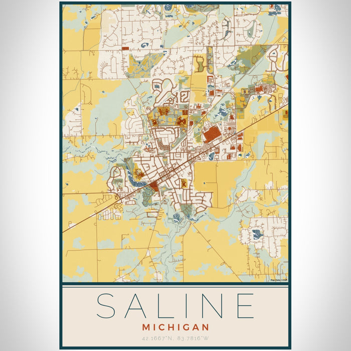 Saline Michigan Map Print Portrait Orientation in Woodblock Style With Shaded Background