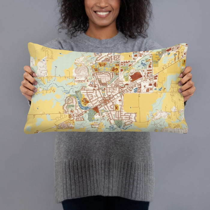 Person holding 20x12 Custom Saline Michigan Map Throw Pillow in Woodblock