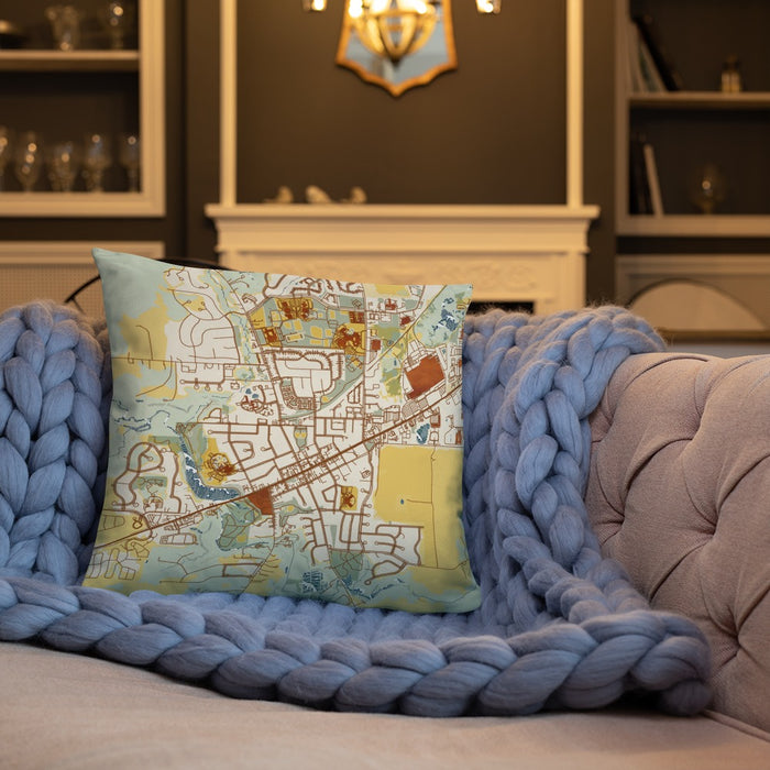 Custom Saline Michigan Map Throw Pillow in Woodblock on Cream Colored Couch