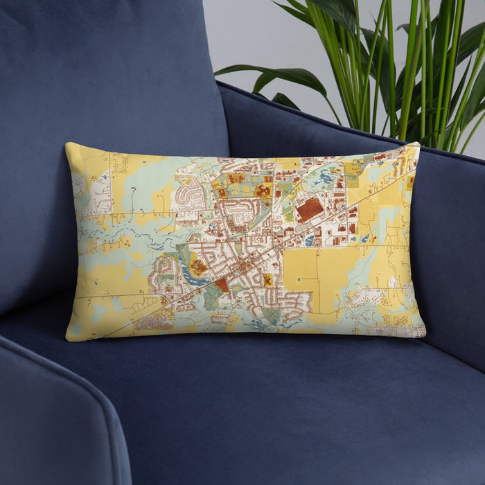 Custom Saline Michigan Map Throw Pillow in Woodblock on Blue Colored Chair