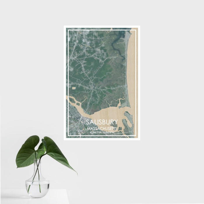 16x24 Salisbury Massachusetts Map Print Portrait Orientation in Afternoon Style With Tropical Plant Leaves in Water