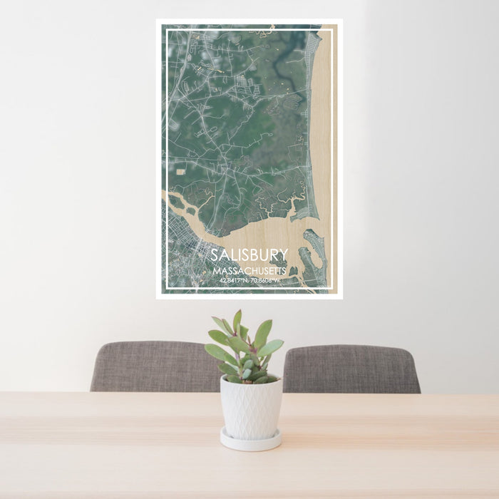 24x36 Salisbury Massachusetts Map Print Portrait Orientation in Afternoon Style Behind 2 Chairs Table and Potted Plant