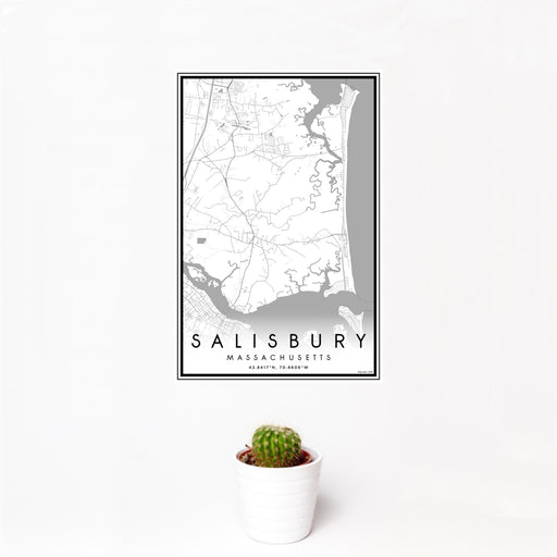 12x18 Salisbury Massachusetts Map Print Portrait Orientation in Classic Style With Small Cactus Plant in White Planter